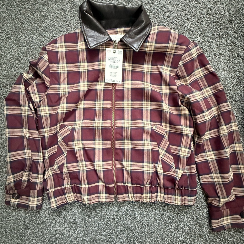 Zara Burgundy Plaid Jacket with Dark Brown Leather Collar
